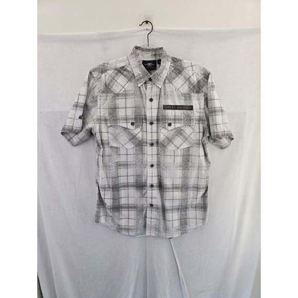 Harley Davidson Gray Plaid Short Sleeve Button Up Casual Shirt. Mens Size Medium - Picture 1 of 8